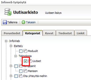 InfoWeb 44(149) Kuvat Uutiskuva saadaan klikkaamalla Lisää kuva -painikkeesta, jolloin avautuu uusi ikkuna Tiedostovarastoon. Kuva haetaan tiedostovarastosta.