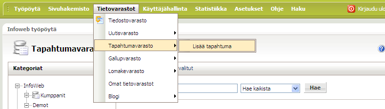 InfoWeb 49(149) Tämän jälkeen voit siirtyä Tapahtumavarastoon lisäämään tapahtumia. Valitse Tapahtumavarastosta Kategoriat -palstasta sivun otsikko, jonne tapahtuman halutaan tallentuvan.