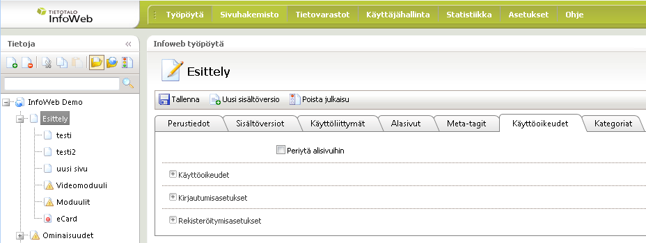 InfoWeb 81(149) Sivun kirjautumisasetusten aktivointi ja käyttäjien rekisteröinti julkiselta sivustolta Infoweb extranet käyttäjiksi Sivuille voidaan aktivoida kirjautuminen ja toteuttaa extranet