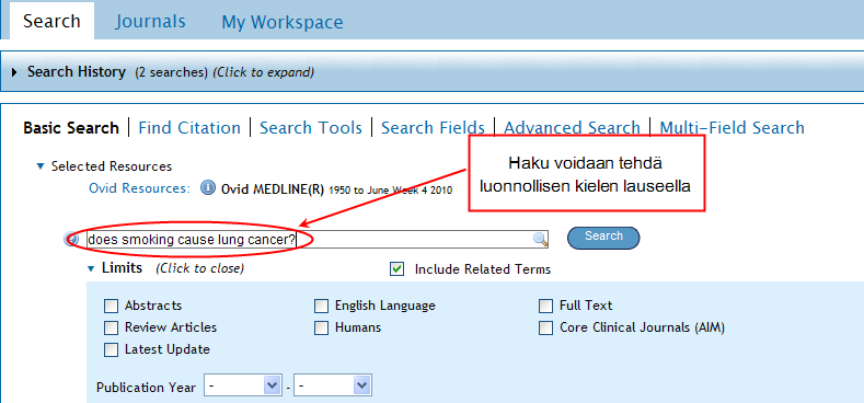 Ovid Medline käyttöohjeita (10/2010) Sisältö 1. Pikahaku - Basic Search:... - 1-2. Tarkennettu haku asiasanoilla - Advanced Ovid Search... - 1-3. Tulosjoukkojen yhdistely... - 5-4.
