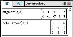 38 Luodaan yksikkömatriisi ja lävistäjämatriisi. Luodaan satunnaismatriiseja. Näitä matriiseja käyttäen yhdistetään matriiseja peräkkäin ja alakkain.