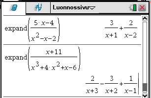 53 Määritetään rationaalifunktion osoittaja ja nimittäjä. Rationaalifunktion osamurtokehitelmä voidaan muodostaa Algebra-valikon komennolla 3: Laajenna. Komento näkyy syöttörivillä komentona expand.