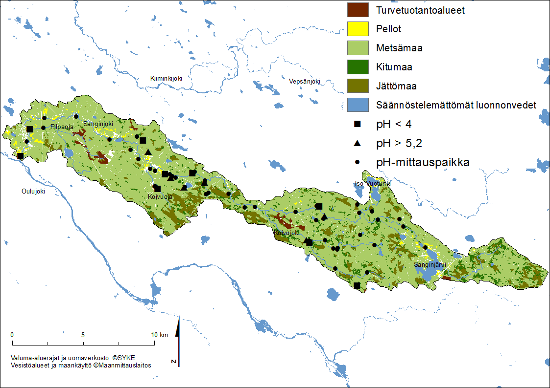 38 Kuva 11. Yleisimmät maankäyttöluokat Sanginjoen valuma-alueella. Kuvaan on merkitty ph-mittauspaikkojen sijainnit. 5.