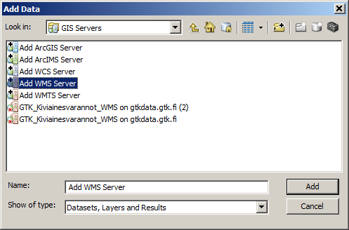 Käyttöohje 4 (14) 3. Valitse listalta GIS Servers 4. Valitse listalta Add WMS Server 5.