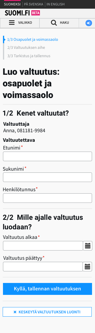 Valtuuden luonti Mobiili-UI