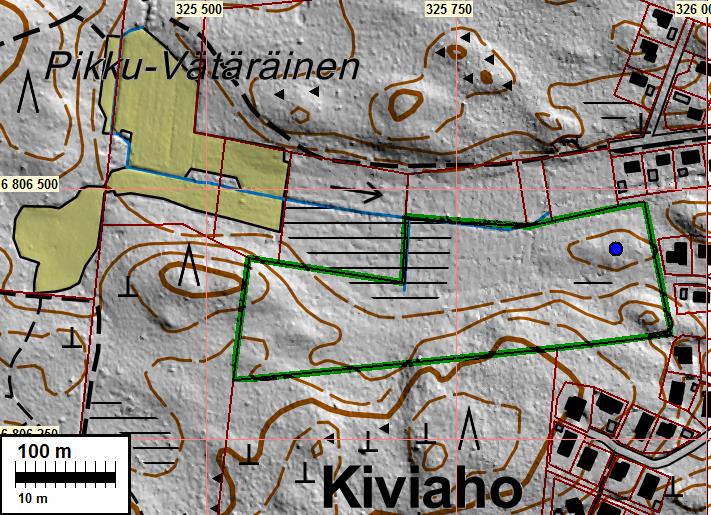 Inventointialueen rajaus on vihreällä,  Pohjalla on