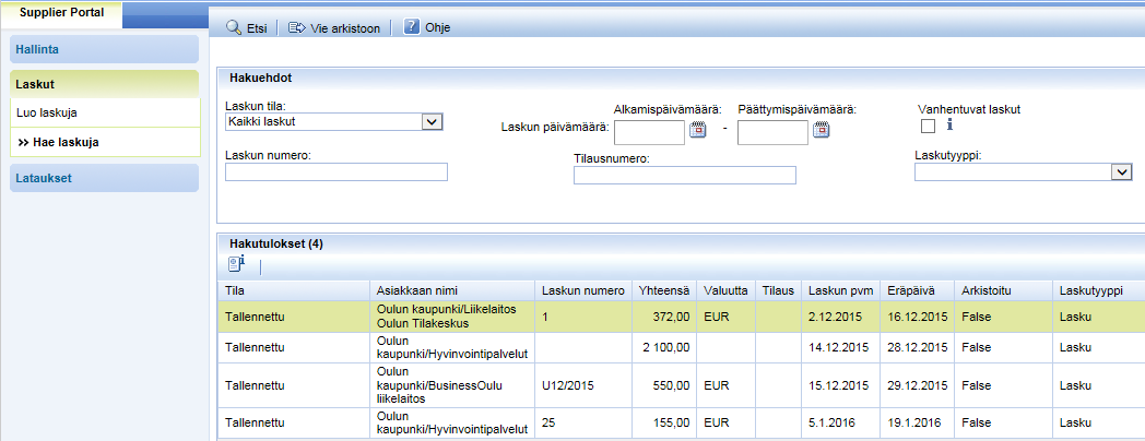 Ostoreskontra Supplier Portal toimittajaportaali -ohje Sivu 13 / 15 Jos laskun tila on Tallennettu, lasku on lähettämättä.