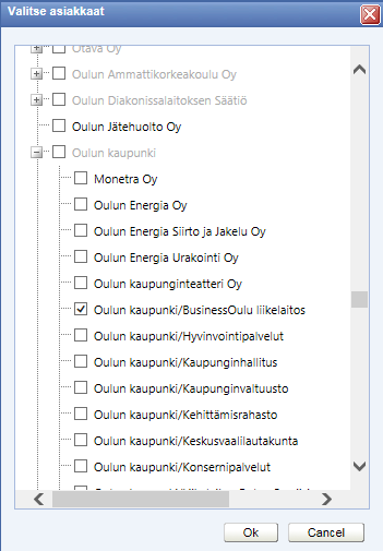 Ostoreskontra Supplier Portal toimittajaportaali -ohje Sivu 4 / 15 b. Paina Ok-painiketta, jonka jälkeen valittu asiakas / valitut asiakkaat näkyy Asiakas-listalla. 5.