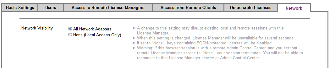 Access from Remote Clients -välilehdellä määritetään mistä IP-osoitteista pääsee käyttämään lisenssejä.