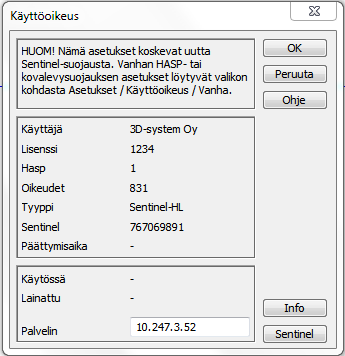 8. Kun käynnistät tai käyttäjä käynnistää 3D-Win -ohjelman ensimmäisen kerran työasemalla, kysytään käyttöoikeutta.