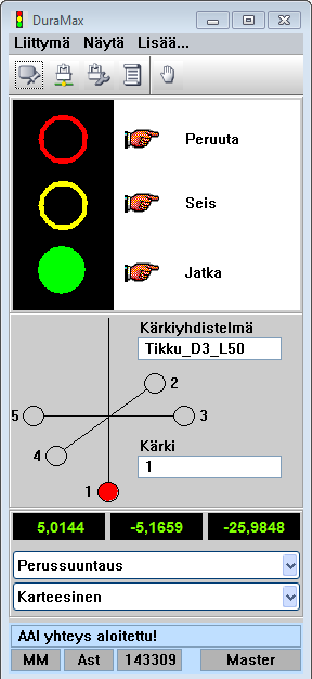 Liikennevaloikkuna. Vihreä valo tarkoittaa sitä että laite on käyttökunnossa.