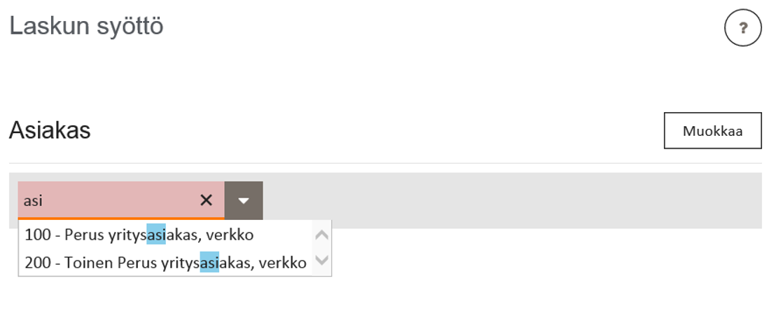 Toukokuu 2016 14 (69) Lasku tallennetaan laskukantaan Tallenna painikkeella. 4.1 Asiakastiedot Laskun tallennus aloitetaan valitsemalla asiakastunnus.