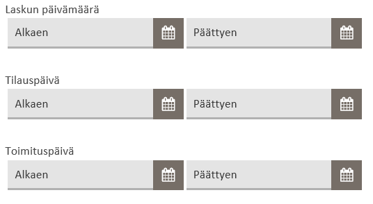 Toukokuu 2016 42 (69) Laskun päivä, Tilauspäivä, Toimituspäivä Päivämäärätiedoille voi antaa päivämäärävälin, johon sopivat laskut tuodaan selaukseen