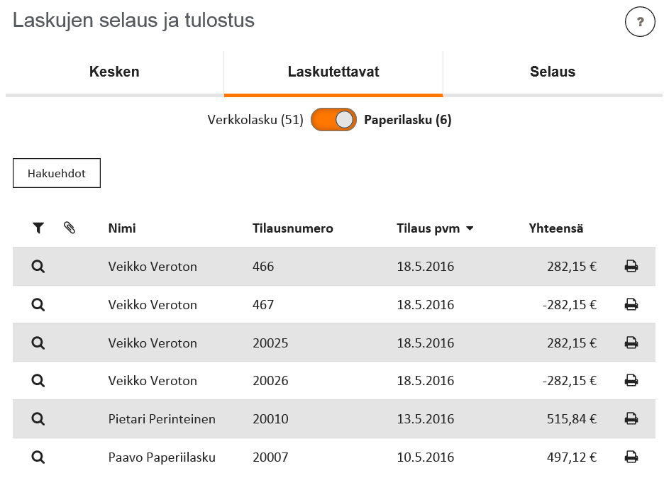 Toukokuu 2016 66 (69) 12.2 Paperilaskut Paperilaskuvälilehdellä on ne yrityksen laskut, joita ei voi lähettää laskuttajalta verkkolaskuna operaattorille.