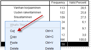 4 Tilastollinen tutkimus Kuva 9. Aktivoidaan viimeinen rivi (Total) ja poistetaan se toiminnolla Cut 17. Aktivoidaan viimeinen rivi (Total) maalaamalla (kuva 9). 18.