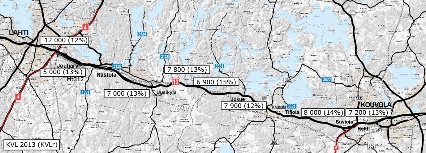 23 5.2 Liikennemäärät ja niiden kehitys Tarkasteltavalla tieosuudella valtatien 12 liikennemäärät vaihtelevat tieosittain.