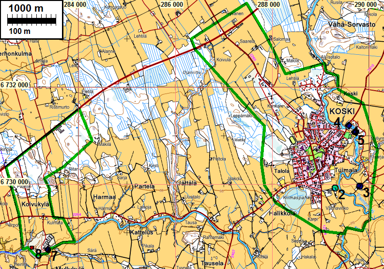 3 Tutkimusalue sijaitsee mustan ympyrän sisällä. Yleiskartat Koivukylän tutkimusalue vasemmalla on rajattu vihreällä.