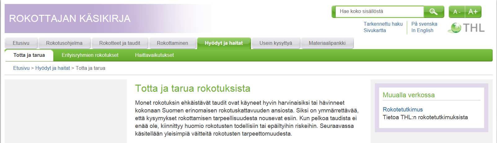 LIITE 8 Terveyden ja hyvinvoinnin laitoksen (THL) Internet-sivujen alkuperäinen teksti Tekstin