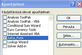 JUTTA-käsikirja 28 Kuva 4. Jutta-funktioiden muuttaminen Excel-apuohjelmaksi. Käyttäjä voi myös kopioida funktioita määrittelevät Declare-lauseet omiin tiedostoihinsa.