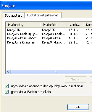 Liitteet 70 Accesissa, Excelissä ja Wordissä sallitaan makrot laittamalla suojaustasoksi Pieni. Käsky löytyy valikosta Työkalut/Makrot/Suojaus. (Ks. liitekuva 1.7.) Voidaan käyttää myös suojaustasoa Normaali, mutta silloin ohjelmat vaativat aina erikseen luvan makrojen ajamiseen.