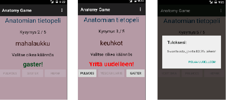 33 Sovelluksen kohde-sdk:ksi määritettiin uusin Android-versio Android 5 (Lollipop), joka vastaa API 21 -tasoa. Alin API-taso, jolla sovellus toimii on API 8 ja se vastaa Android 2.