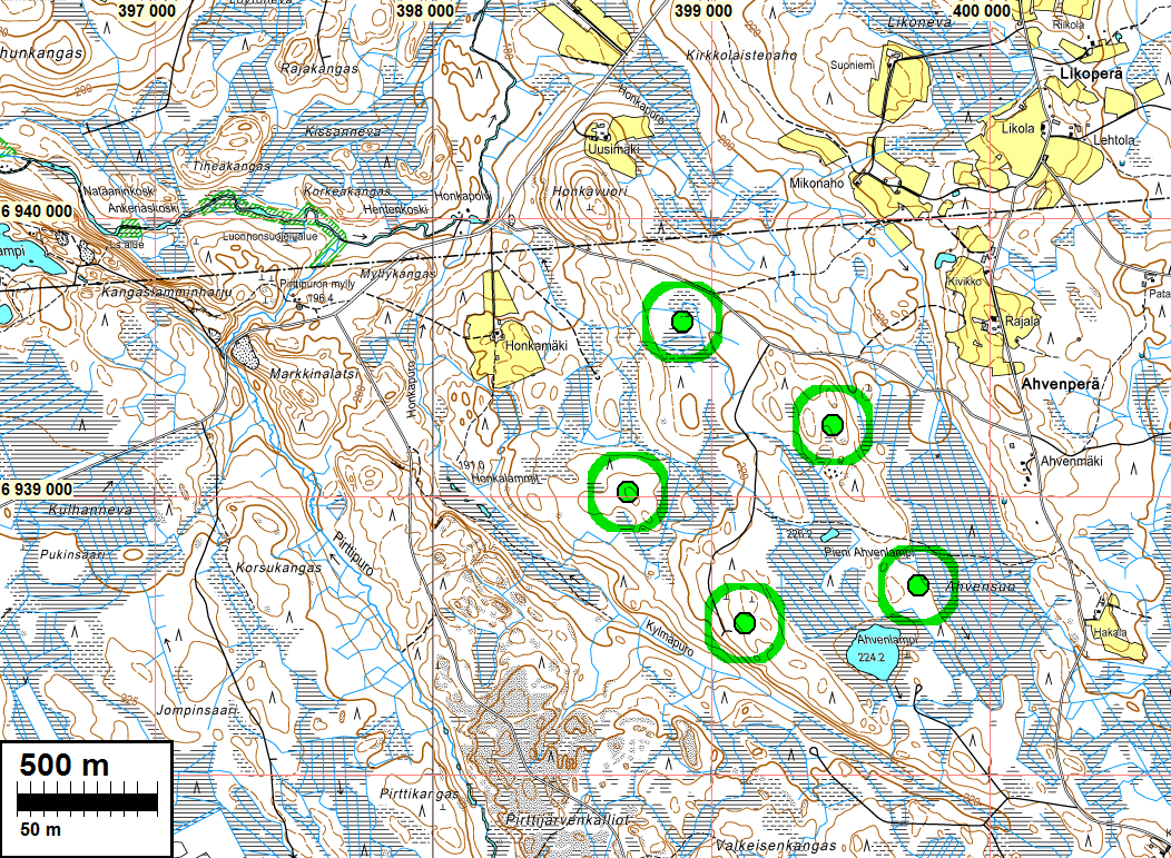 5 alueen eteläosa Multian puoleiset turbiinipaikat.