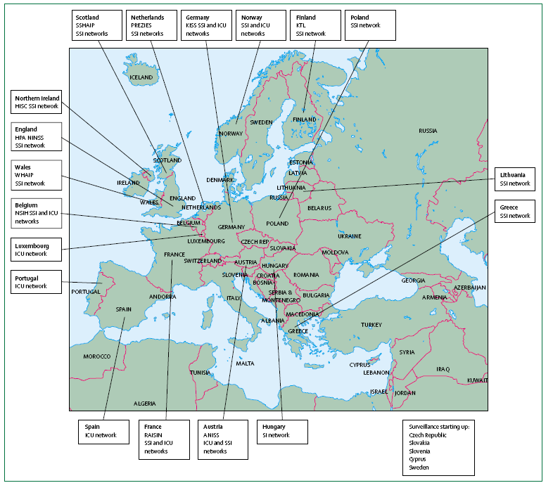 Kansallisia sairaalainfektioiden seurantaverkkoja Yhdysvallat/NNIS/NHSN: http://www.cdc.gov/ncidod/dhqp/pdf/nnis/2004nnisreport.