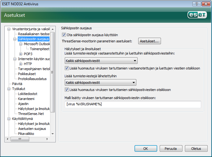 siirtymällä kohtaan Virustentorjunta ja vakoiluohjelmasuojaus > Sähköpostin suojaus > POP3 > Yhteensopivuus.