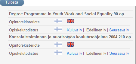 Opiskelutodistus näyttää aktiivisena kerrallaan 1-2 vaihtoehtoa: - Kuluva: on näkyvissä aina, tulostaa tiedot kuluvan lukuvuoden osalta - Edellinen: on näkyvissä ajalla 1.8-30.