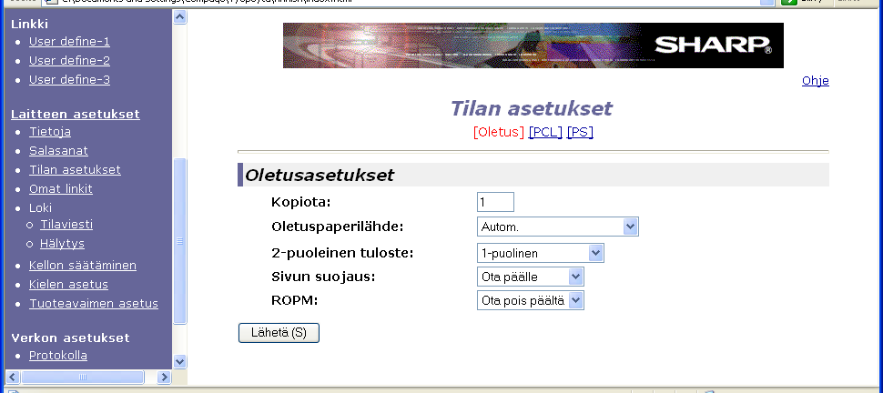 4 LAITTEELLA OLEVA VERKKOSIVUSTO Tulostimen tila-asetusten määrittäminen (osa ) Asetusten määrittäminen Saat tila-asetukset-näytön esiin napsauttamalla [Tilan asetukset] linkkivalikossa.