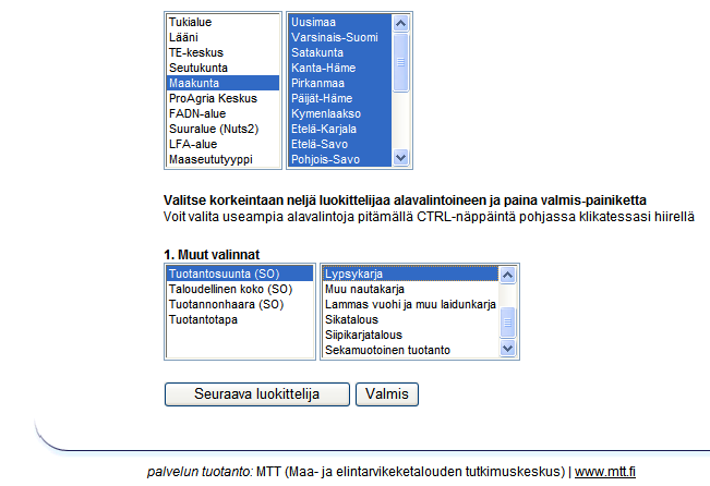 Lisätään luokittelijaksi vielä tuotantosuunta ja siitä lypsykarjatilat 1.