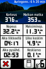 Lisätyökalut Satelliittien sijainnit Kojelauta Korkeus Satelliitin voimakkuus Satelliittisivu Vihreät palkit osoittavat GPSsatelliittisignaalin voimakkuuden.