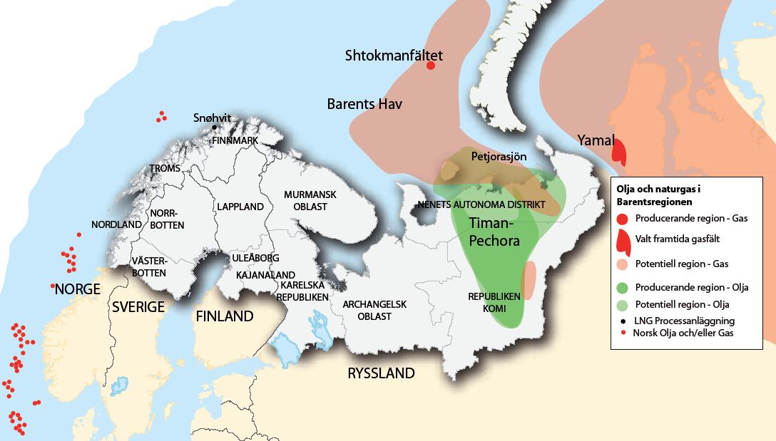 45 Kuva 19. Barentsin alueen öljy- ja kaasukentät (ÅF 2010). Norjasta öljy- ja kaasutuotteet kuljetaan pääsääntöisesti laivoilla Eurooppaan ja Yhdysvaltoihin.