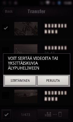 Wi-Fi-yhteyden käyttäminen 4 Valitse Still Image näytön alareunasta ja kosketa sen jälkeen hakemistonäyttöä 0 Palaa edelliseen näyttöön koskettamalla BACK -painiketta 6 Kosketa SIIRTÄMINEN -kohtaa 0