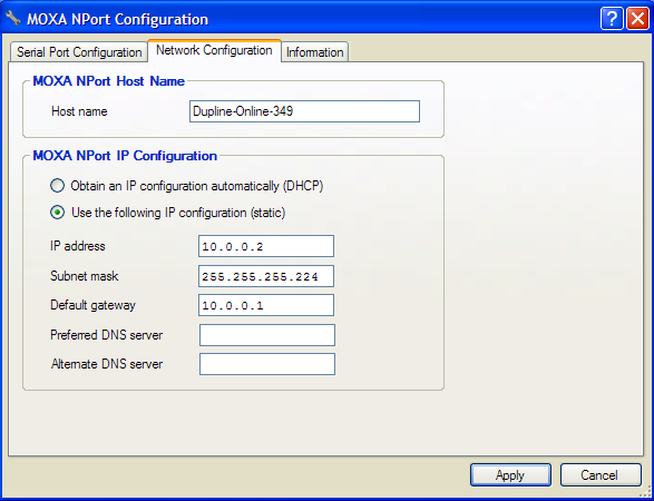 MOXA NPort muuntimen sarjaliikenneportti 1 täytyy liittää Dupline Data Loggerin porttiin C1, sarjaliikenneportti 2 täytyy liittää Dupline Data Loggerin porttiin C2. 3.8.