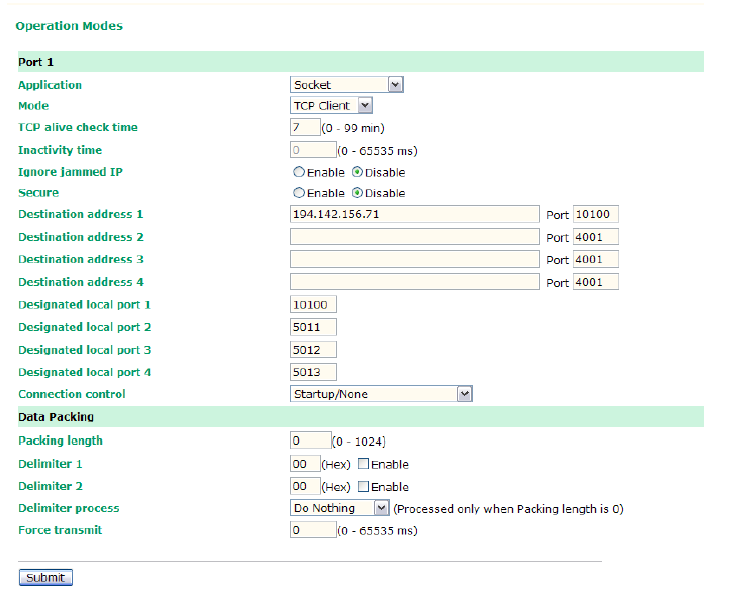 3.9.3 Toimintatilan määrittely Valitse menu-valikosta Serial Port Settings -> Port -> Operation Modes ja aseta siihen