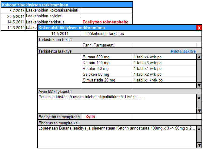 voi tehdä myös tekstimuotoisen yhteenvedon samalla 48 rakenteella kuin kokonaislääkityksen tarkistamisesta, jolloin myös osittainen lääkityksen tarkistus näytetään Lääkitystarkistusten listalla.