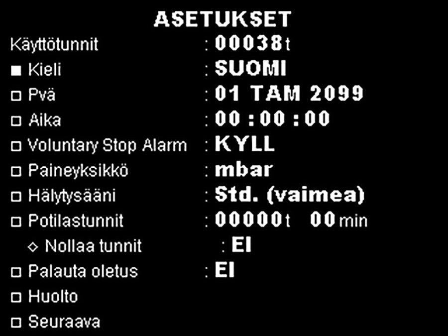 Puritan Bennett 3. Muuta EI arvoksi KYLLÄ painamalla YLÖS- tai ALAS-nuolia, kuvan 1-9 osoittamalla tavalla. Kuva 1-9. Palautetaan oletusasetuksia (2) 4.