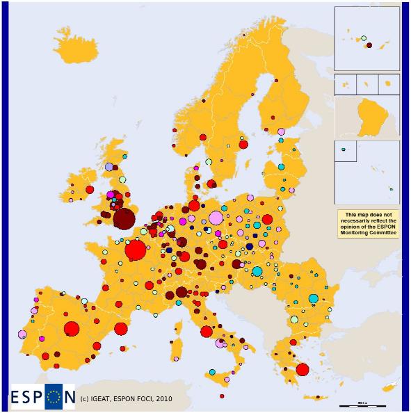 Kuva 10. Eurooppalaiset suuret ja keskisuuret kaupunkiseudut asukasluvun ja sen muutoksen painottumisen mukaan (ESPON FOCI 2010a, 26).