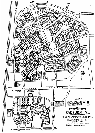Kuva 32. Radburnin kaupungin suunnitelma (Hagson 2004, 86; alkuper. Stein 1951).