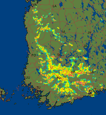 Esimerkki tilanteesta, josta ei laadita SIGMETiä 2/2 Sadekuuroja laaja-alaisesti, mutta