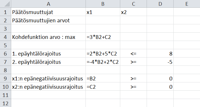 MS-C2105 Optimoinnin perusteet Malliratkaisut 1 Ehtamo Demo 1: Excelin Solver -liitännäinen Ratkaise tehtävä käyttäen Excelin Solveria. max 3x 1 + x 2 s.e. 2x 1 + 5x 2 8 4x 1 + 2x 2 5 x 1, x 2 0 Ratkaisu 1.