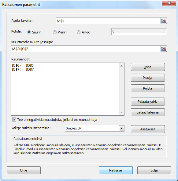 Kuva 3: 1. rajoitusehdon lisääminen 9. Koska optimointitehtävä on lineaarinen, valitse Valitse ratkaisumenetelmäkohdasta Simplex LP-algoritmi. 10.