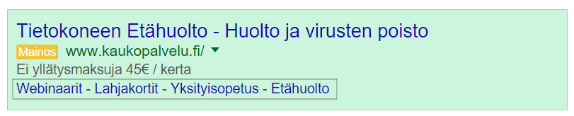 TEKSTIMAINOKSEN SUUNNITTELU Jos mahdollista käytä tärkeimpiä avainsanoja otsikossa Käytä mainostekstissä kehotuksia Osta heti, Soita!, Kysy lisää!, Tutustu tarkemmin!