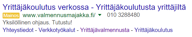 Hakukampanja 7 Mainoskampanja muodostetaan omassa Googlen käyttöliittymässä Tekstimainoksessa voi olla enintään 70 kirjainta Otsikossa 25 kirjainta (välilyönti lasketaan kirjaimeksi) Määritellään