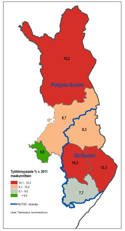 Itä- ja Pohjois- Suomen maakunnissa viime vuosien kehitys on ollut samansuuntainen kuin koko maassa, mutta nuorisotyöttömien osuus 18 24-vuotiaasta työvoimasta on Keski-Pohjanmaata (11,4 %) lukuun