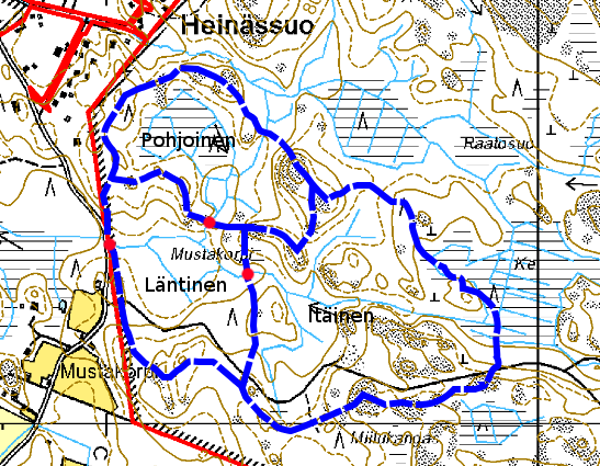 Kartta 2 Mustakorven valuma-alue ja osavaluma-alueet. Kuva on suuntaa antava, eikä siitä voi laskea valuma-alueiden todellisia pinta-aloja.