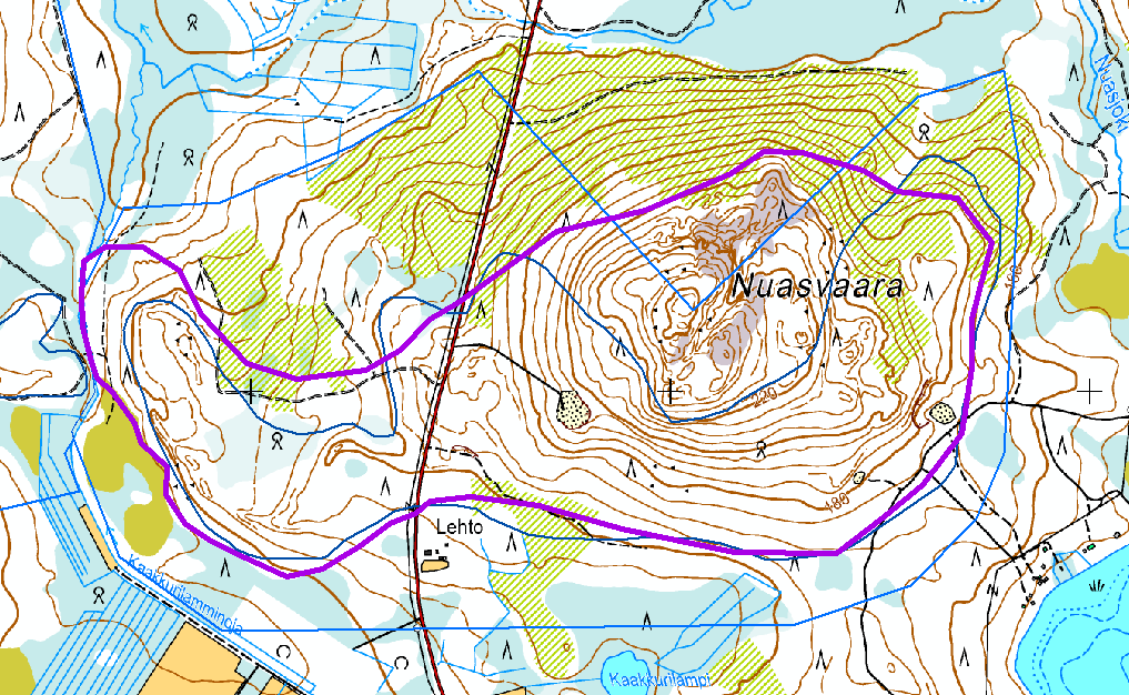 17 Arvoluokka: 4 Nuasvaaran geologisesti ja maisemallisesti merkittävä alue käsittää ympäristöään hallitsevan, jyrkkärinteisen vaaran kallioisen laen, rinteiden rantakerrostumia sekä osan pienestä