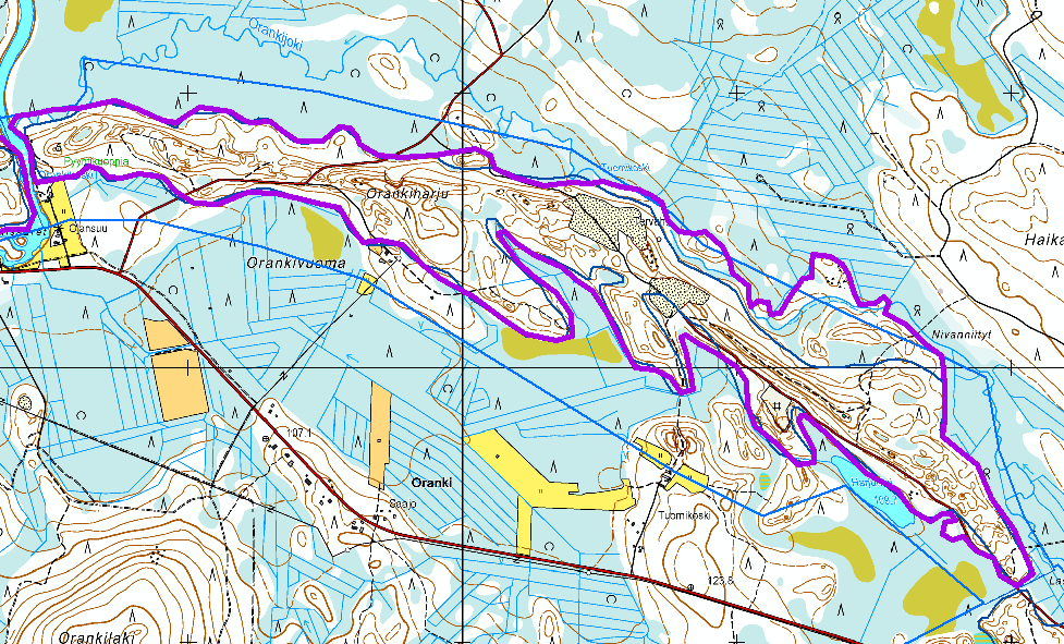 9 Orankiharju Pohjavesialue 12854113 Vedenhankintaa varten tärkeä pohjavesialue Sijainti: Pellon keskustasta 18,8 km NNE, Orajärven kylätalolta 6 km NW. Arvoluokka: 3 Kuva 8.