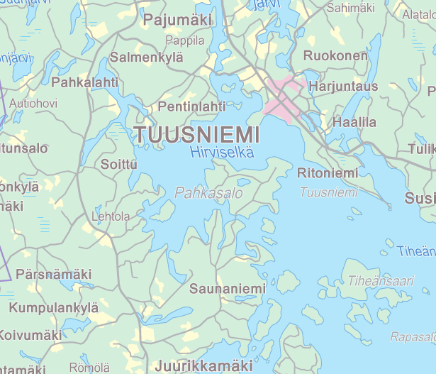 FCG SUUNNITTELU JA TEKNIIKKA OY Kaavaselostus 2 (17) 1.2 Kaava-alueen sijainti Kaava-alue sijaitsee Tuusniemen taajaman eteläpuolella Hirviselän rannalla Pahkasalon itä-osassa.